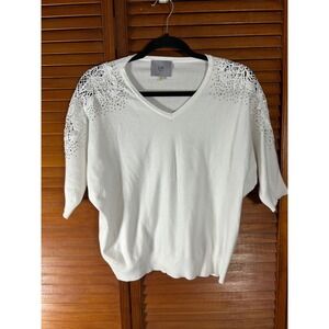 LIV Milano Women Ivory Crochet Lace Rhinestone V-Neck Dolman Sleeve Sweater M